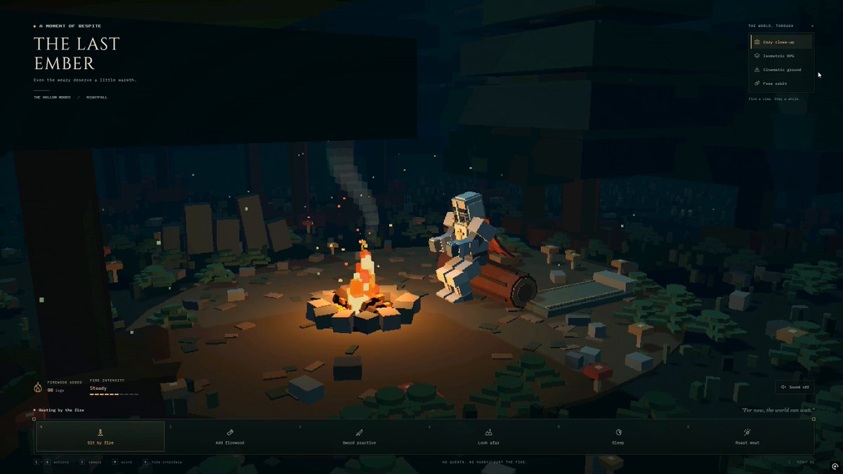 Interactive voxel knight campfire scene